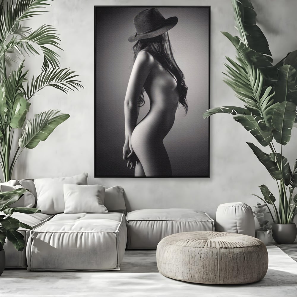 Tablou canvas cu tablou canvas cu silueta de femeie, in rama de aluminiu negru, pe perete intr-un living